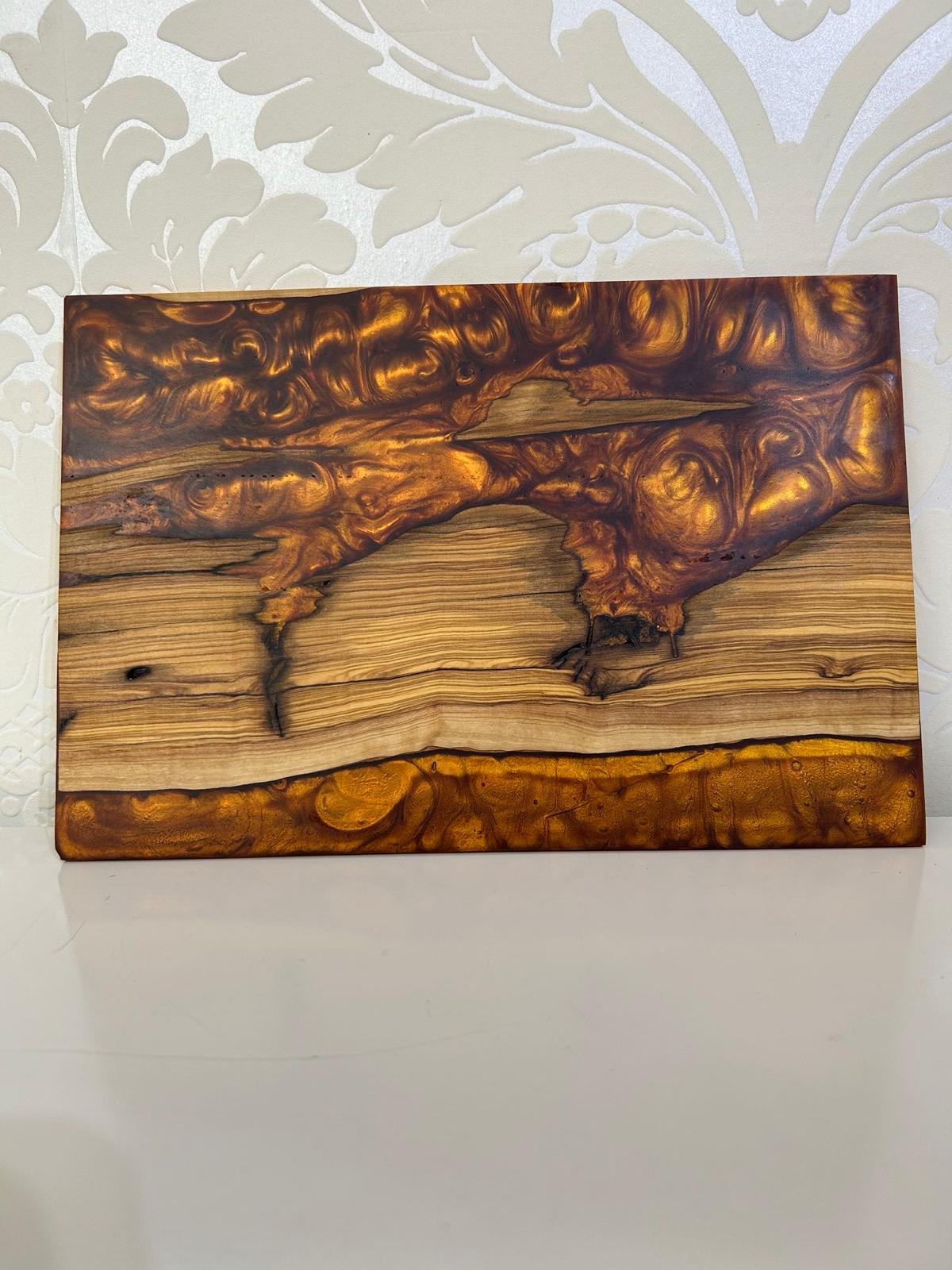 Frühtücksbrettchen Oliven Epoxid Harz Flame Kupfer